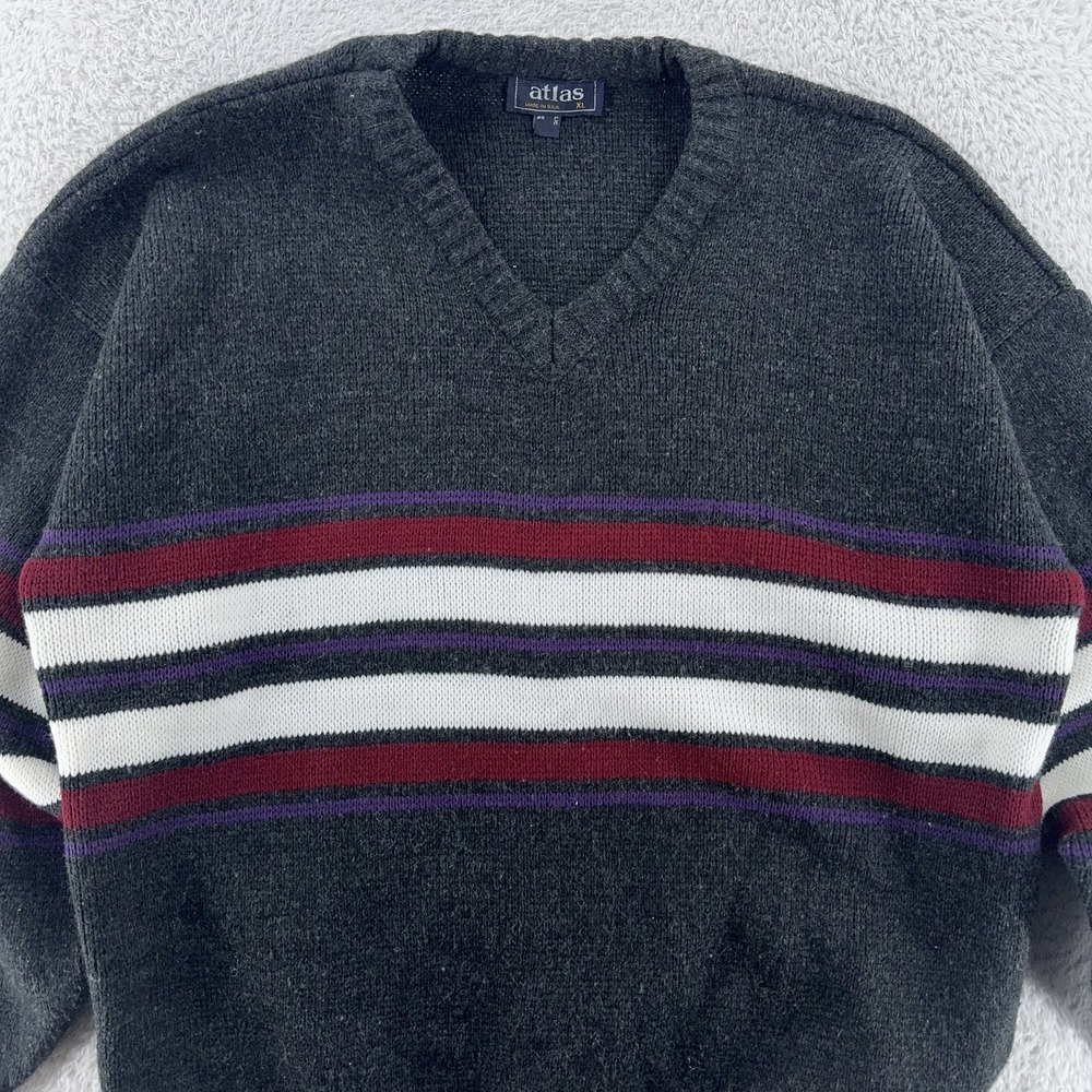 Vintage Atlas Striped Pullover Knit Sweater Mens L/XL V-Neck Made in USA 90s